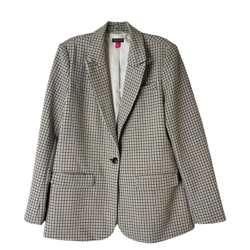 Vince Camuto black white tan check plaid preppy office boyfriend blazer medium